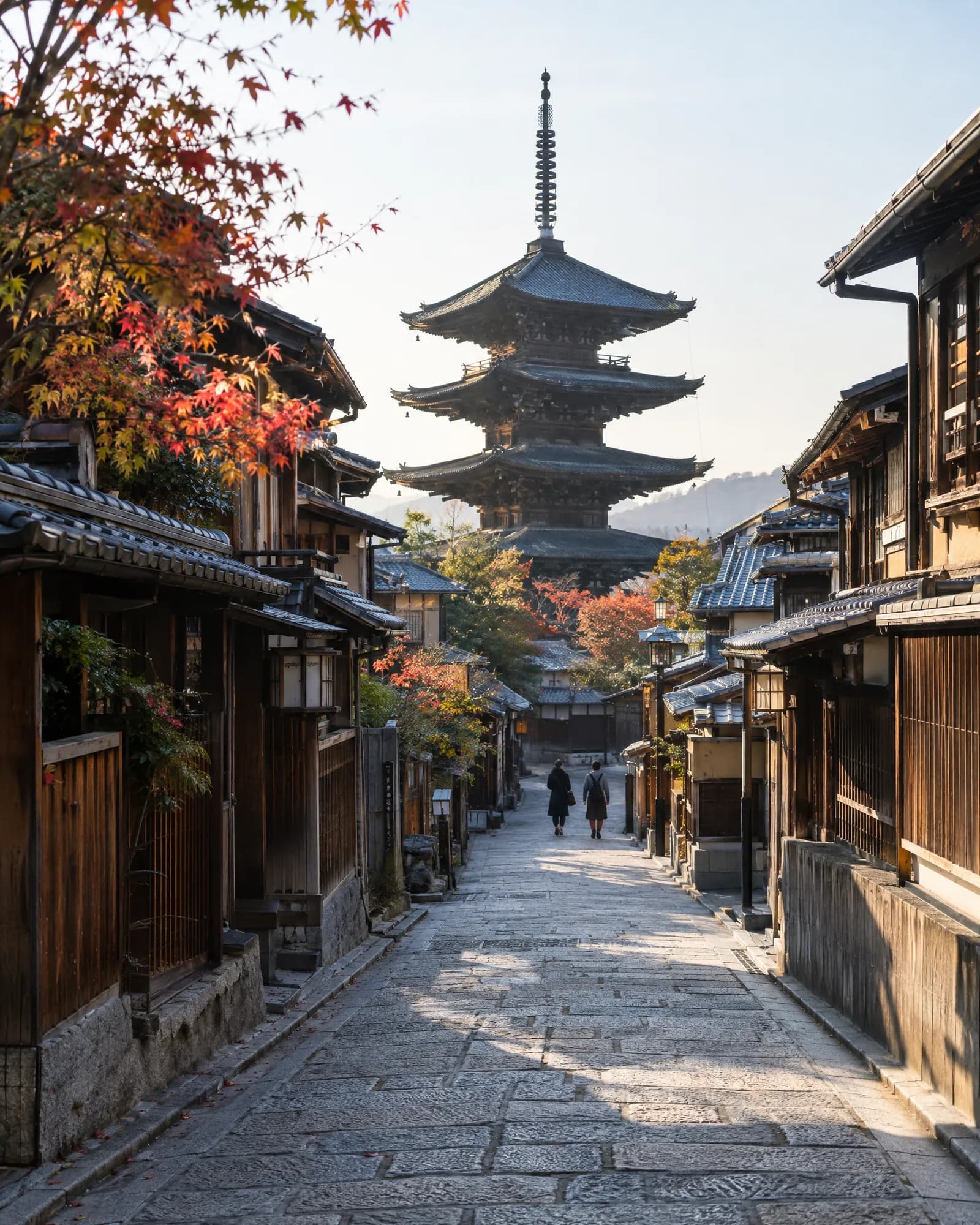 A quiet morning lane in Kyoto leading to the Yasaka pagoda