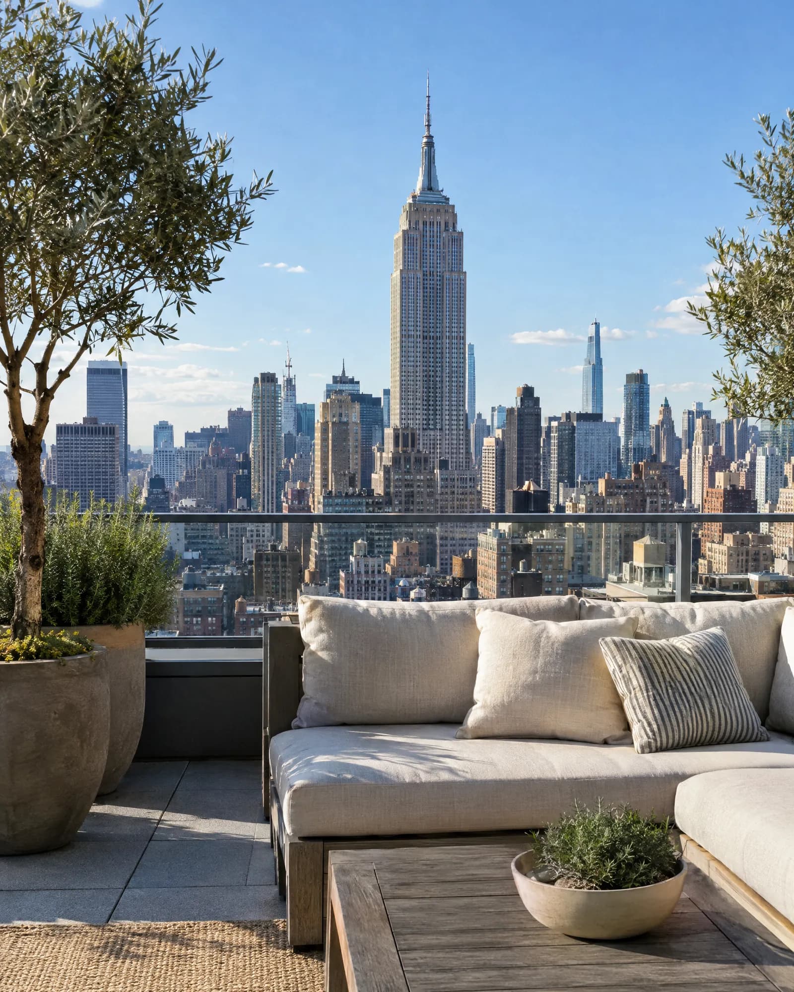 Manhattan skyline from a sunny hotel rooftop