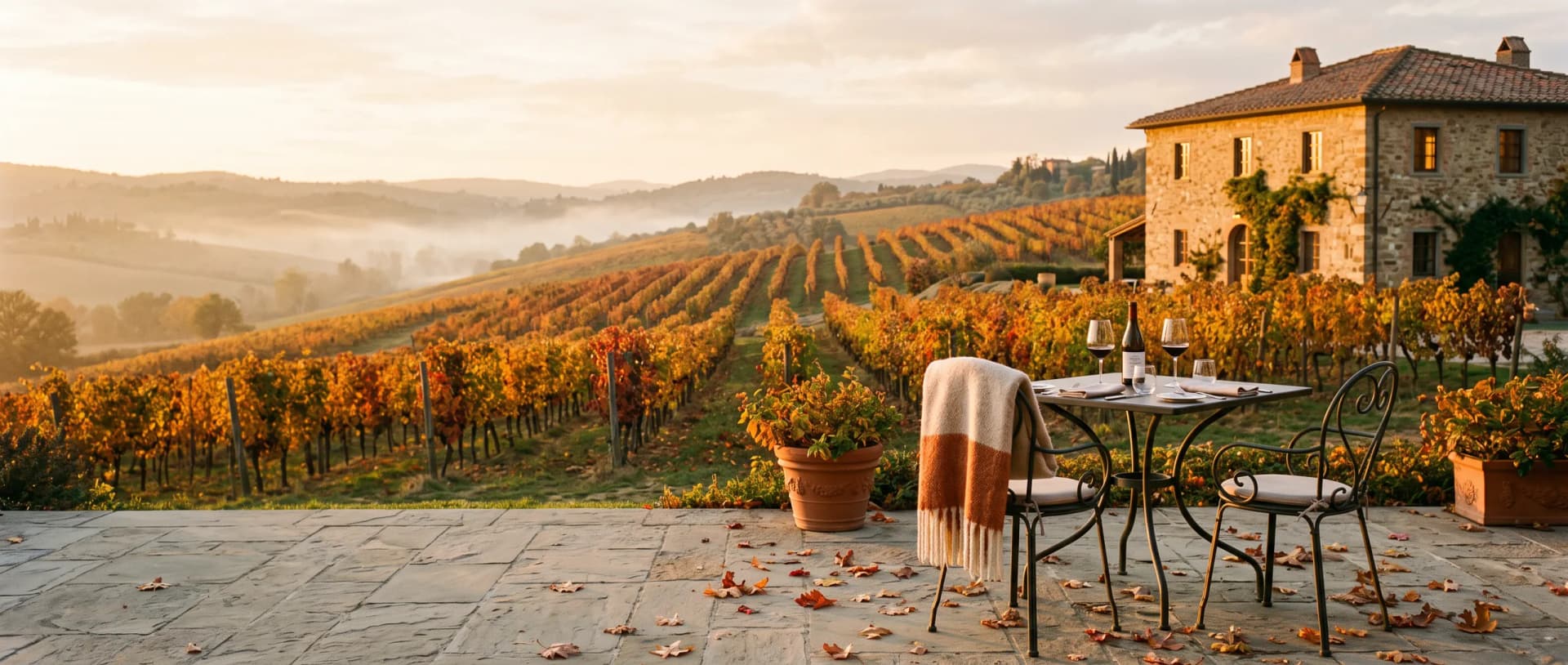 Table for two on a stone terrace above golden autumn vineyards