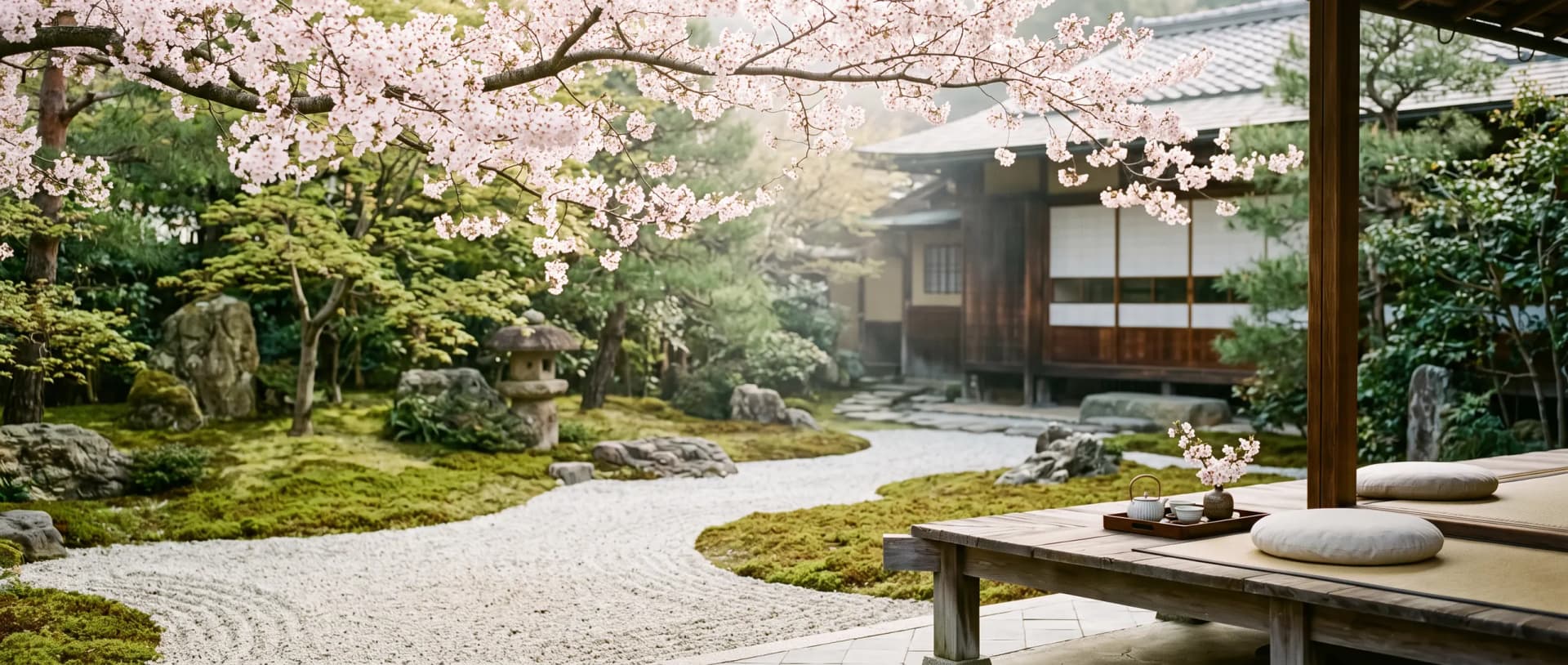 Cherry blossom over a quiet garden veranda at a boutique hotel