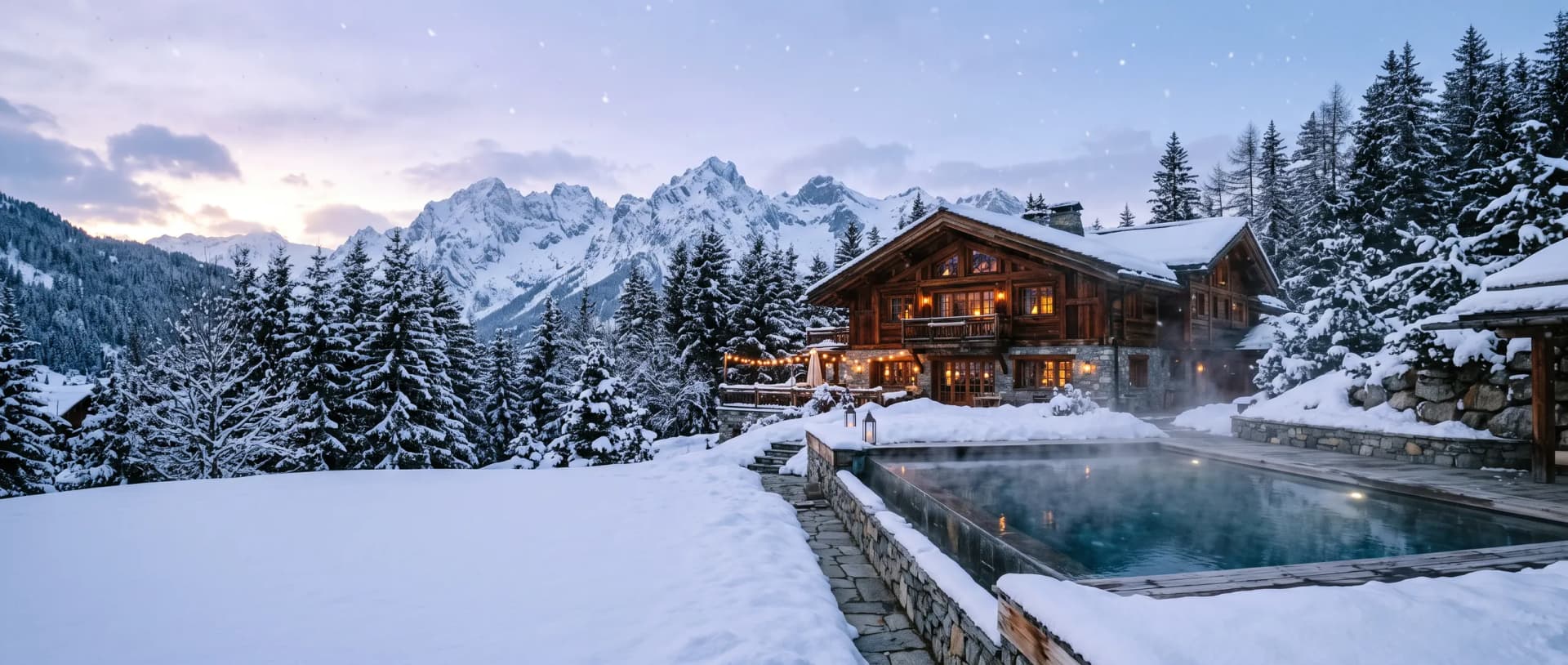 Steaming outdoor pool at a snowy alpine chalet at dusk